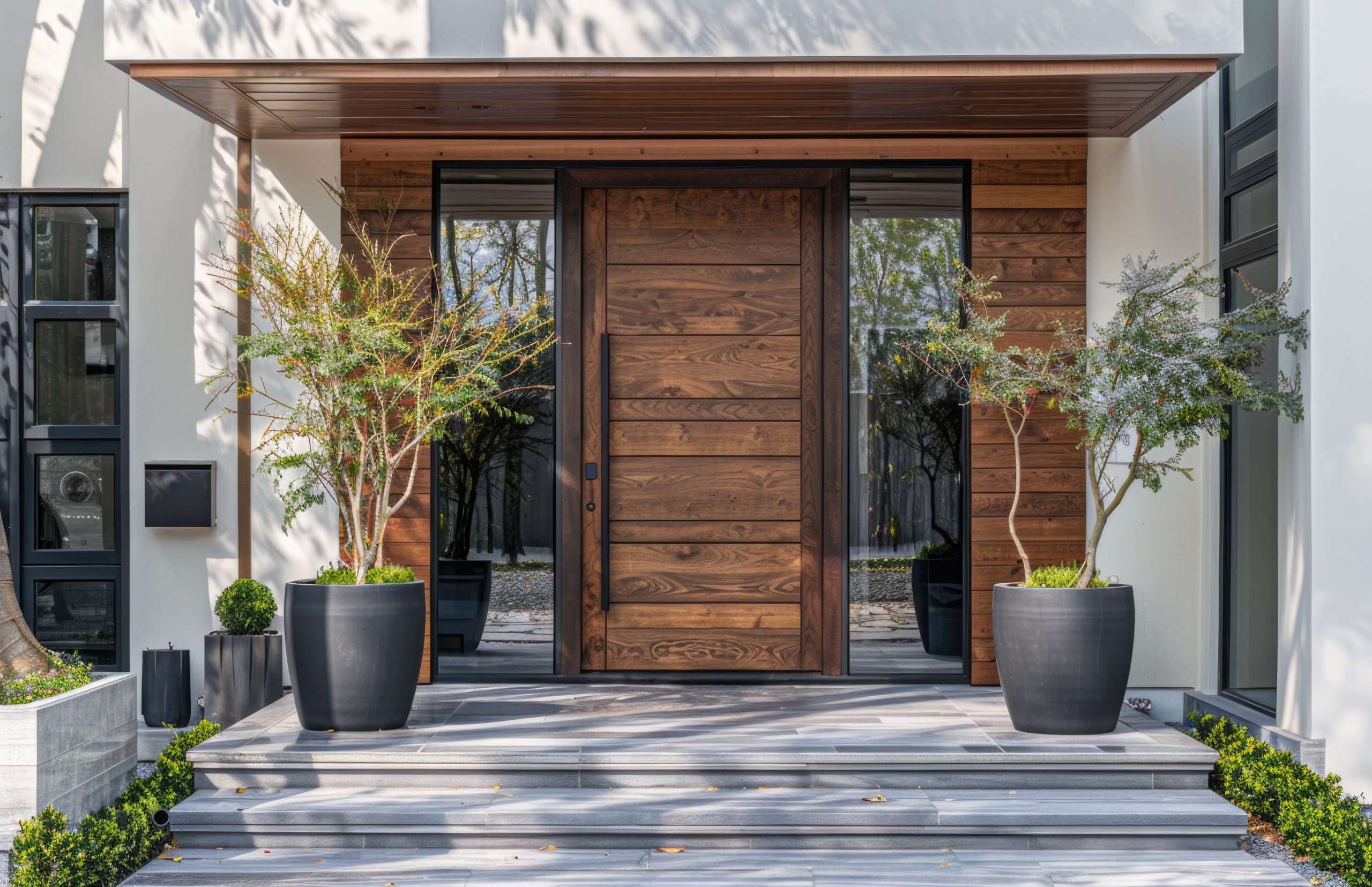 Charming house with wooden door and planters