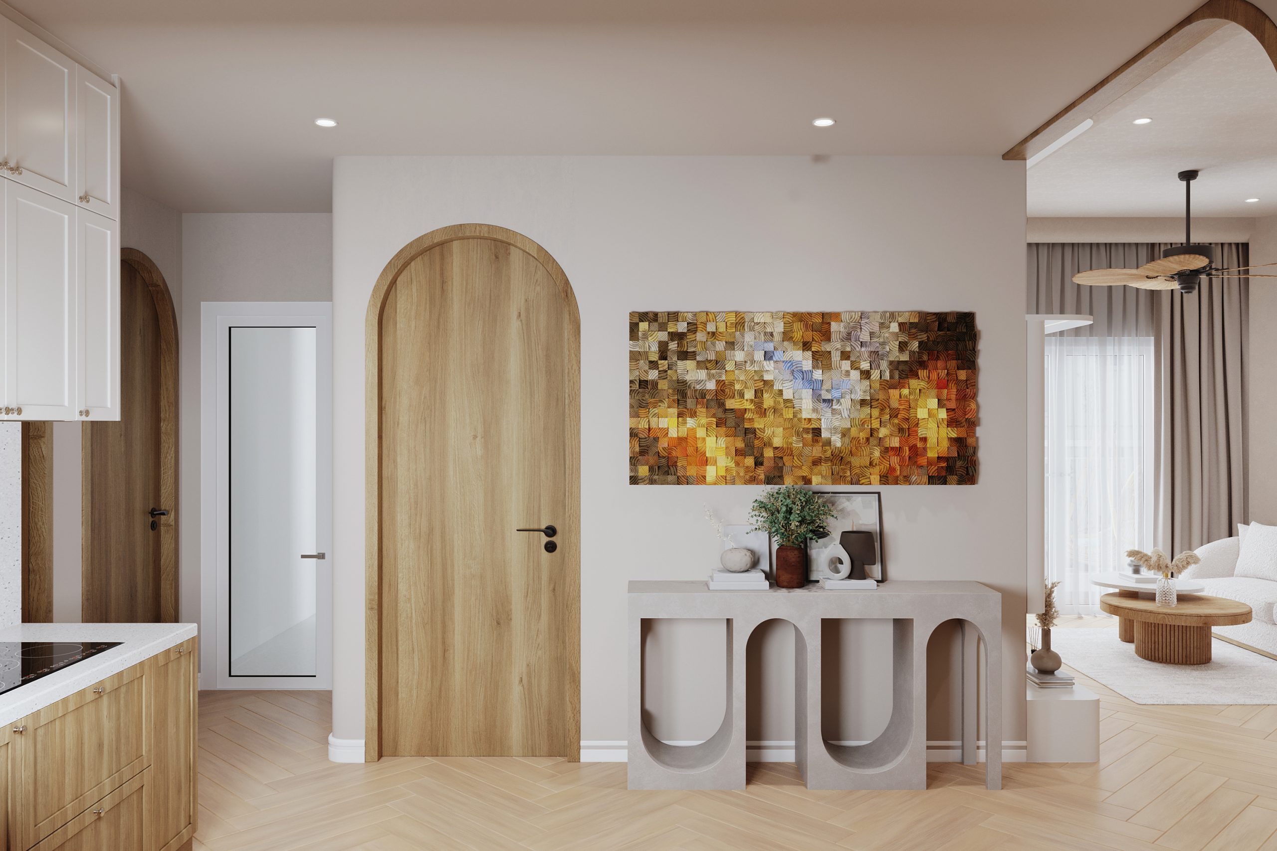 Modern Japanese style kitchen room with minimalist built-in mock up paint frame